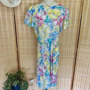 Vintage 80's Tropical Floral Print Midi Dress With Elastic Waist & Short Sleeves
